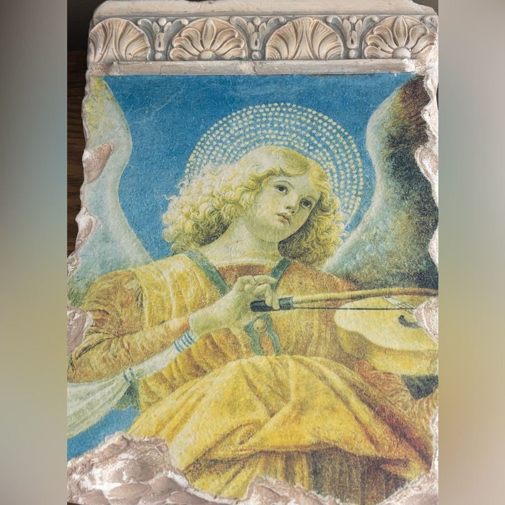 Vintage Italian Angel Stone Plaque Home Garden 13”x9”